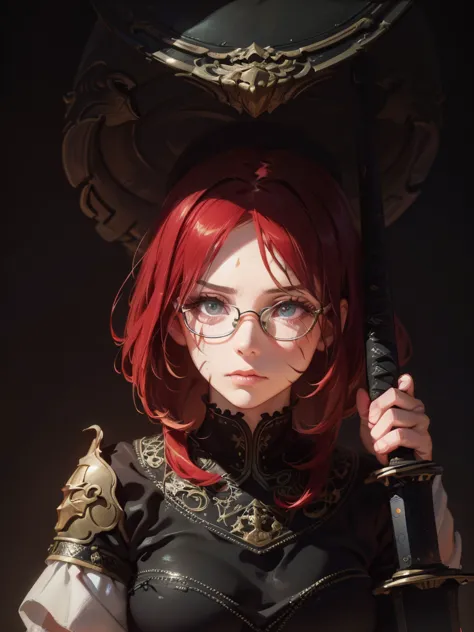 a fierce woman with long red hair, glasses, scars on cheeks, wild clothing, holding large sword, intense gaze, fantasy scene, di...