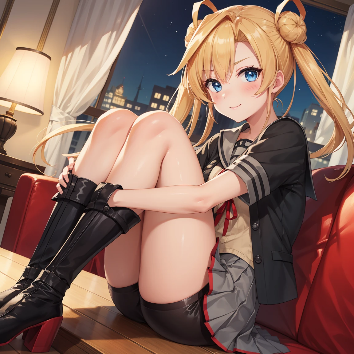 Portrait, official art, best masterpiece, best quality, best resolution, 8K, best detailed, highly detailed hands, highly detailed fingers, very detailed mouth, perfect anatomy, very wide shot, looking at viewer, (dutch angle)
BREAK
Low table, tea set, sofa, (sitting, hugging own legs:1.2), (tilted head)
BREAK
abukuma \(kancolle\), blonde hair, long hair, hair bun, hair rings, twintails, blue eyes, school uniform, serafuku, grey sailor collar, red ribbon, neck ribbon, black jacket, short sleeves, black gloves, partially fingerless gloves, pleated skirt, grey skirt, black shorts, bike shorts, shorts under skirt, knee boots, black footwear, 1girl, solo, (small breasts)
BREAK
(blush:1.2), troubled eyebrows, shy smile
BREAK
luxurious room, living room, (night, midnight, darkness:1.3), very fine and detailed 16KCG wallpapers