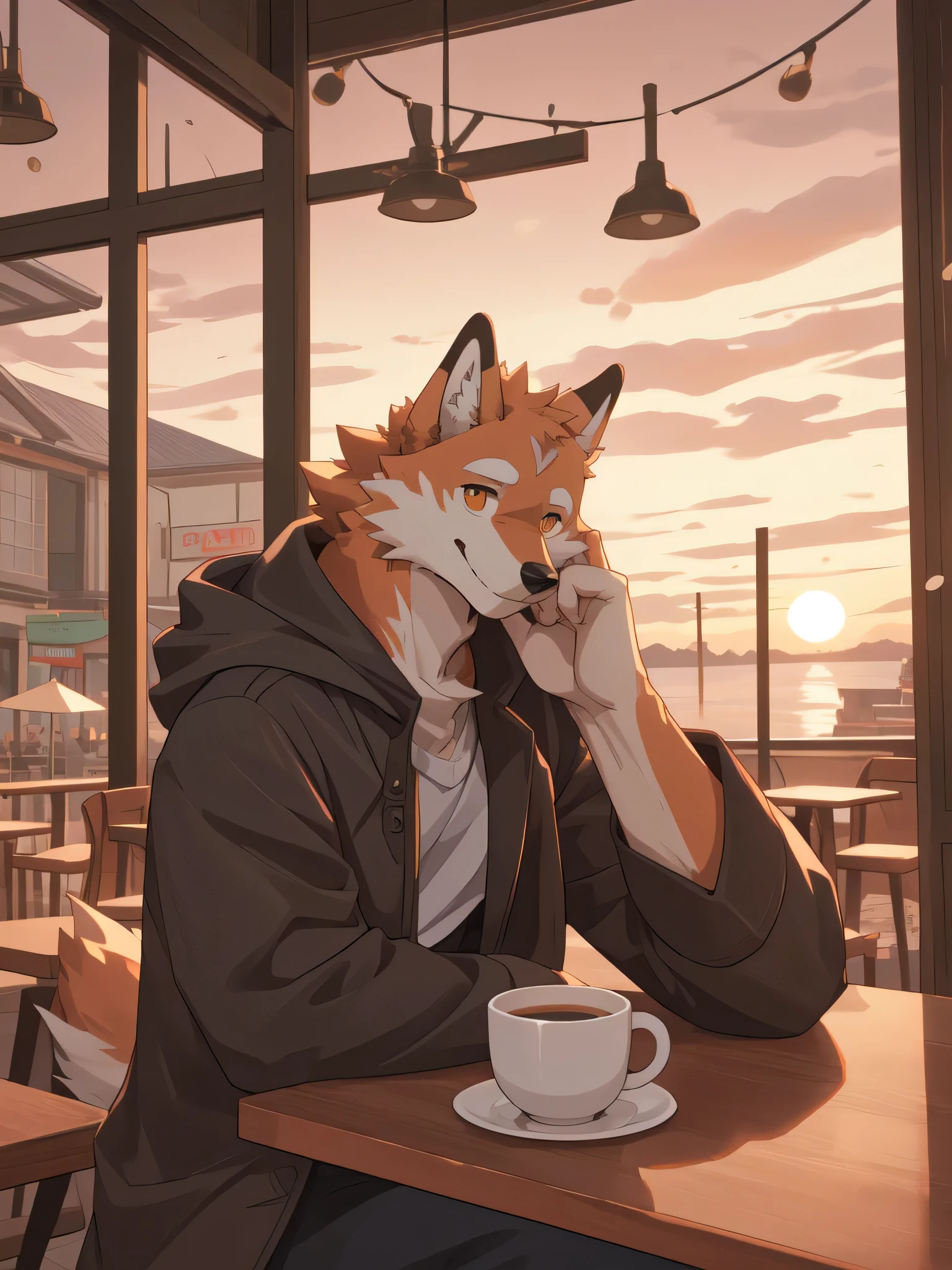 a cup of coffee，Cafe，individual，Orange wolf，Loose coat，Sunset，Half face，Head-up，Gentle，Half Body，sit，Smile，Looking at the camera