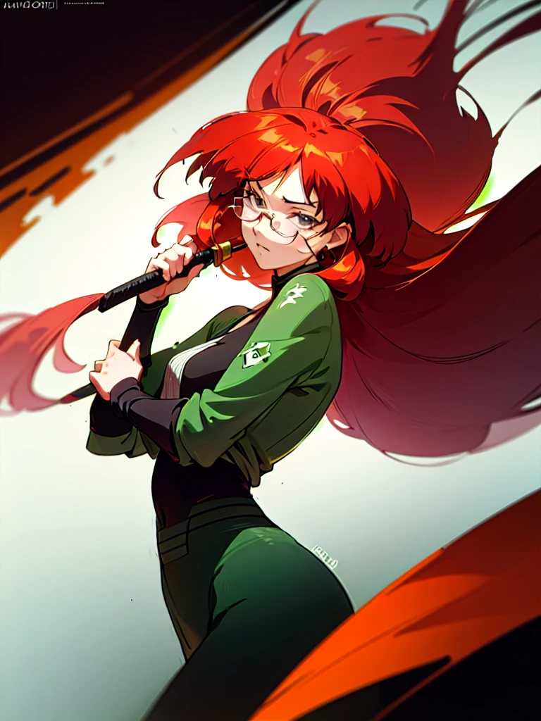 Long messy red hair, glasses, scar on cheek, wearing revealing disheveled clothes, holding a big sword, intense gaze, fantasy scene, digital painting, dark fantasy, vibrant colors, cinematic composition from low angle, (best quality, 8k, high resolution, masterpiece: 1.2), ultra detailed, (photorealistic, anime: 1.37)