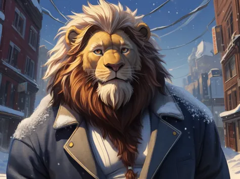 digital art, masterpiece, solo, 1boy, 1man, huge muscular lion, snow, fur jacket, old, bearded, urban city, cute, cute expressio...