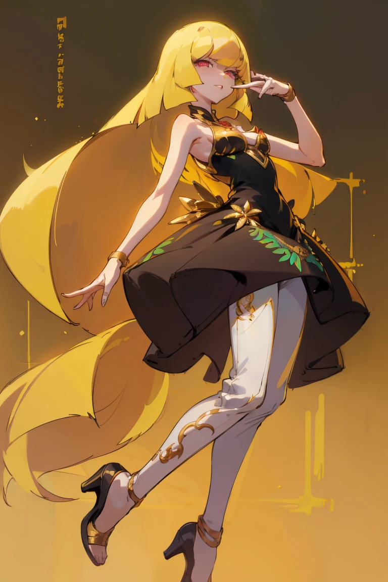 ((Highest quality)), ((masterpiece)), (Familiar), Lusamine,thin,thin,Long blonde hair,Small breasts,Erect nipples,Adult female,Green Eyes,Slanted Eyes,Sleeveless dress,Black Dress,Gold embroidery,White pants style,High heels,Fascinating
