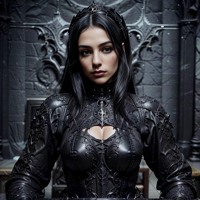 1 woman, 30 years old, age 30, black long hair,  gothic style, ultra detailed face, hyperrealistic, realistic depiction, gothic style, wearing a corset and long leather pants