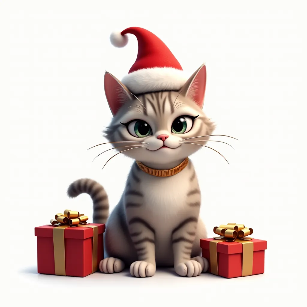 a cool humor cat wears santa hat , gifts, (masterpiece), on white background Best Quality, High Resolution, Feet Out Of Frame, Minimalism, 