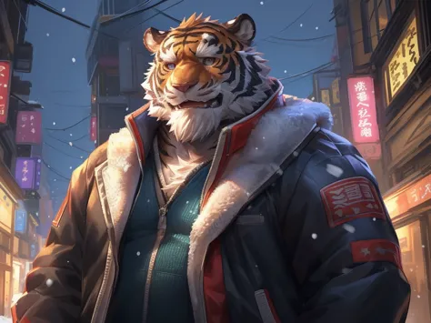 by_lindong, digital art, masterpiece, solo, 1boy, 1man, huge muscular tiger, snow, fur jacket, old, bearded, tokyo city, cute, c...