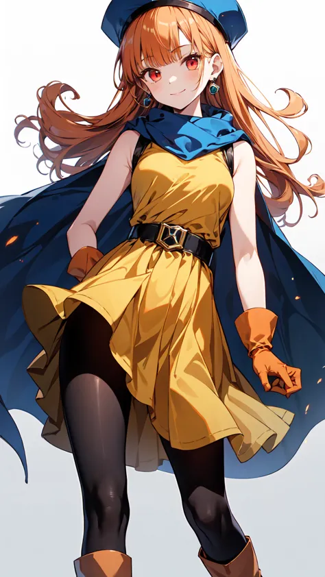 arena-dq4, dq4 arena,black pantyhose,blue cape,blue hat,boots,curly hair,earrings,long hair,orange gloves,orange hair,red eyes,s...