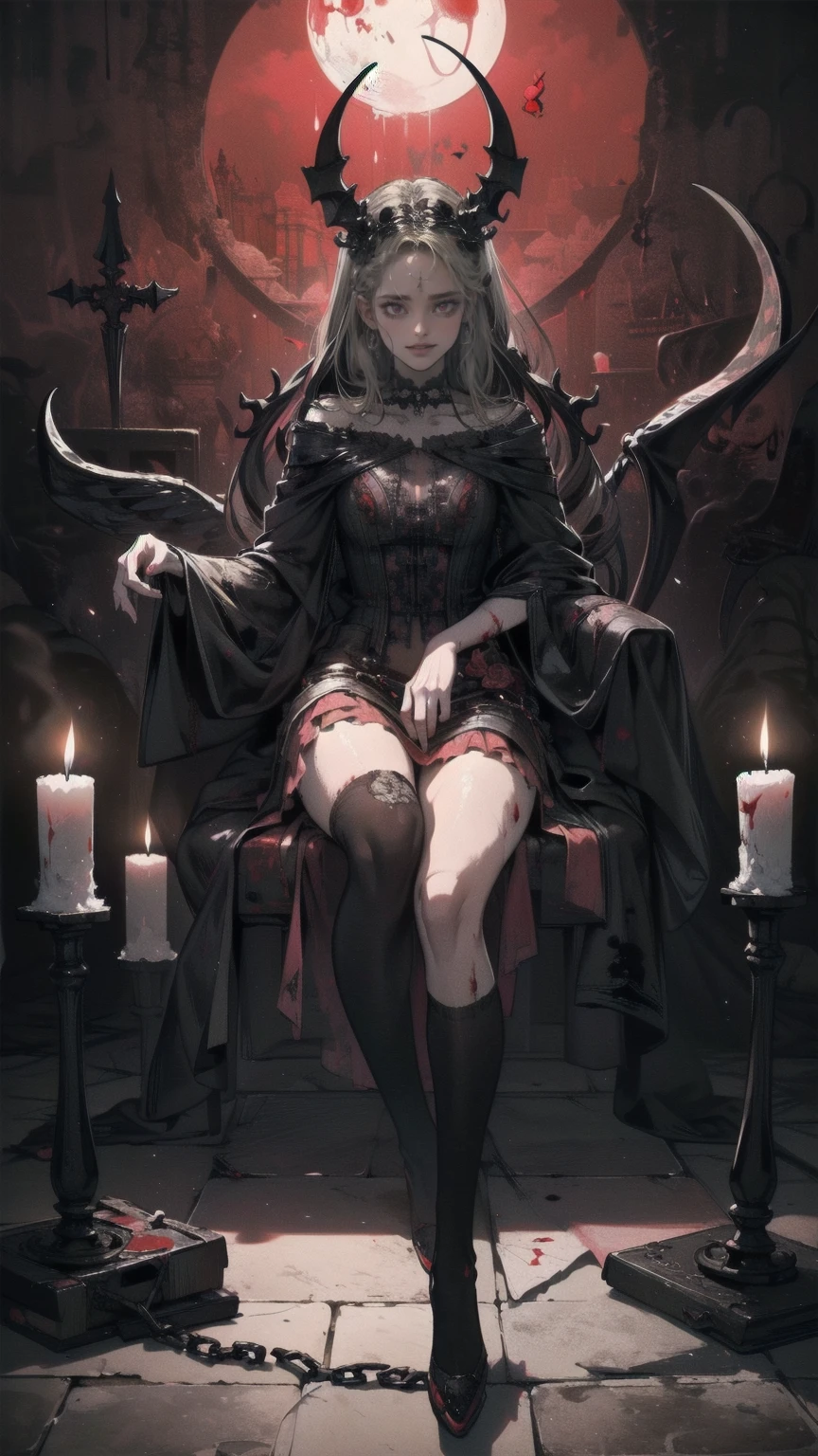 (Highest quality,4K,High resolution,masterpiece:1.2),Very detailed,Realistic:1.37,,(whole body, I can see your feet and shoes: 1.2),、(,Spooky altar background,Dark fantasy,Red color scheme,Ominous atmosphere,Eye-catching,Storytelling,anatomy,Anime Style,Concept Art,beautiful細部までこだわった顔と (((Red eyes ))),A terrifying ritual ,Satanic Ritual,Premature death,Inappropriate behavior,クレイジーなsmile,Scythe Face,Girl Monster, beautiful, Delicate facial features, Sharp Eye, Sharp Fangs, pale Skin, Thick Chain, Dark Background, Cinema Lighting, Dramatic Shadows, Gothic style, Gloomy atmosphere, Dark fantasy, One person&#39;S, Please open your mouth wide, Open your mouth and baring your teeth,Sharp teeth like a beast, Wide lips, Very wide mouth, Vermilion cheeks, ,(Blood splatter:1.4),Scary smile, smile,Angel Design, TwiSted smile、Bloody、bleeding from the head,,,,,、Blood splatter、,(Blood splatter:1.4),skull,Horrorスタイル, ((Fantasy Sweet Ta Frill Pink Costume)), ((Flowing blonde hair)), ,(Blood splatter:1.4),Female curves, Sexy flat stomach, Perfect hands, Perfect anime face, (Pink Tata Dress)), Standing, ((邪悪なsmile)), ,(Blood splatter:1.4), Steam circulates, Moonlight Illumination, night lighting, (Blood splatter:1.6),アニメAngel Design, TwiSted smile、Bloody、bleeding from the head,,,,,、Blood splatter、,(Blood splatter:1.4), skull,Gothic architecture、Western architecture、Fantasy World、,Victorian city, Skeleton Gas Light,Absurd, High resolution、 ((Tabletop)), ((Highest quality)), (Very detailedな), ((Very detailed)), (beautiful), ((cute)), (NFSW:1.8), One personで,(:1.6)、(world&#39;The most terrifying and creepy demon :1.5)beautiful face、whole bodyエズビアン、pale, beautiful肌、beautiful金の髪、Smiling Kindly、Dark building ruins、(snow white&#39;Frill dress:1.3)、(The dark ruins are stained with blood:1.3)、ローアングルwhole bodyショット、(少女は血の海の中にStanding:1.5)、(The ground is full of blood:1.3)、(Lost a lot of blood...:1.3)、(クレイジーなsmile:1.6)、Spirits、(Blood dripping from the mouth:1.3)、Neo-Goth Style, Wearing a black dress and a white collar, Wearing a black hat、Wearing heavy makeup, Standing in a mystical garden surrounded by vines. The garden is full of deep purple flowers.、背景のGothic architecture。. &#39;The hair is golden、、A red rose is pinned to the side。. Her eyes are sharp、It&#39;Like being stabbed., Thick black eyeliner and long lashes. 彼女は顔色がpale.、Her lips are bright red.. The atmosphere is gloomy and eerie, Dim lighting casts long shadows. This piece combines digital illustration and photography...., outcome、驚くほどHigh resolutionの画像が生まれました. Most of the colors are dark、I&#39;Calm, Deep reds and purples create a dark beauty.. The style is neo-Gothic., Horror, Portrait Photography, Create a unique and compelling visual experience.Dark Imagery
