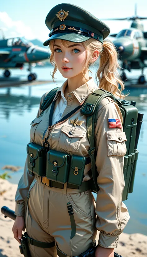 (masterpiece), best quality, (anime fantasy style drawing of high technology and magic in wwii), a beautiful military woman with...