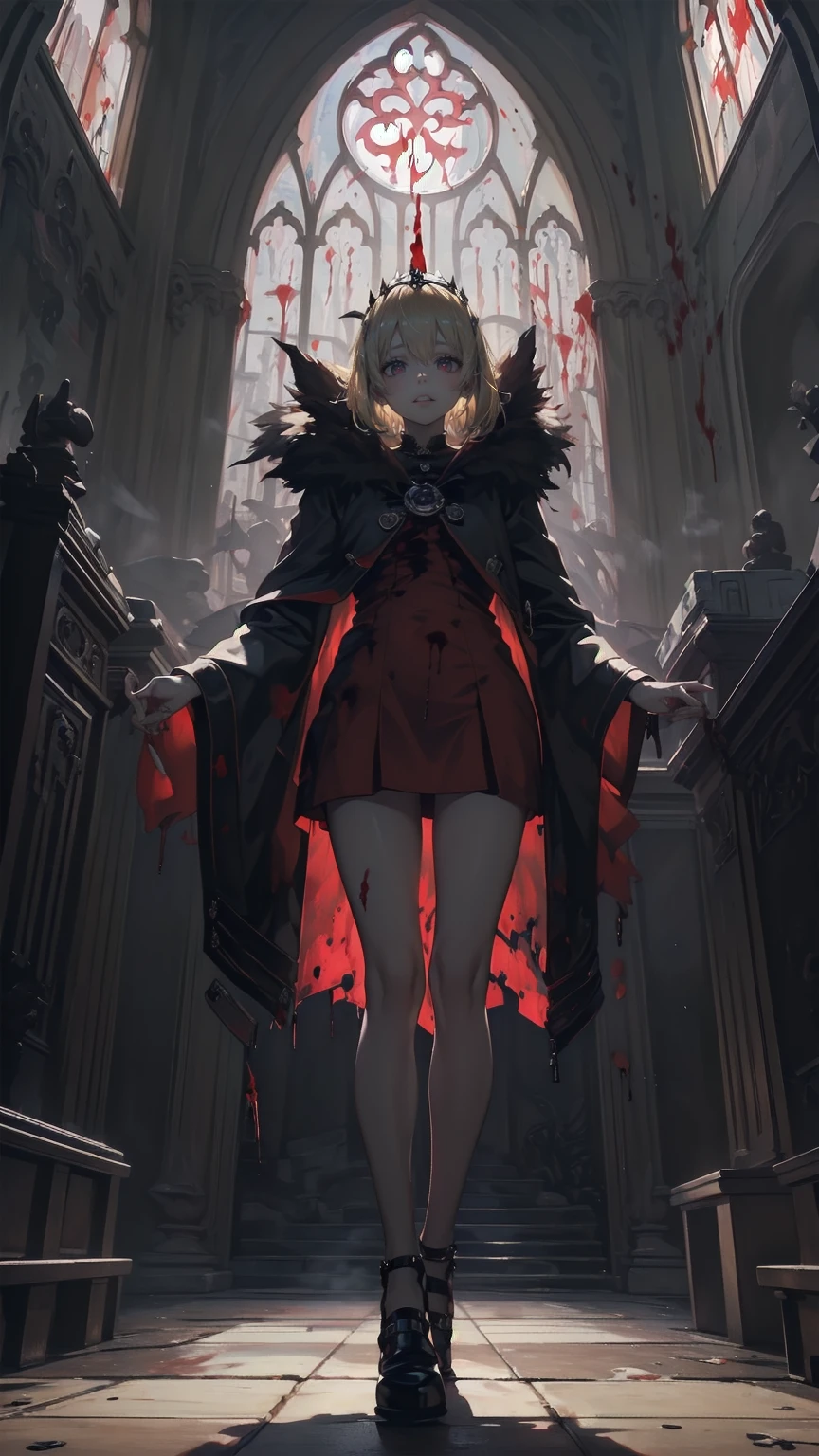 (Highest quality,4K,High resolution,masterpiece:1.2),Very detailed,Realistic:1.37,,(whole body, I can see your feet and shoes: 1.2),、(,Spooky altar background,Dark fantasy,Red color scheme,Ominous atmosphere,Eye-catching,Storytelling,anatomy,Anime Style,Concept Art,beautiful細部までこだわった顔と (((Red eyes ))),Not exposed,Don&#39;Don&#39;t show skin,The body is covered with clothing,A terrifying ritual ,長いBlonde,Blonde,disaster々New Tiara,Satanic Ritual,Premature death,misconduct,Crazy Smile,Scythe Face,Girl Monster, beautiful, Delicate facial features, Sharp Eye, Sharp Fangs, Pale skin, Thick Chain, Dark Background, Cinema Lighting, Dramatic Shadows, Gothic, Gloomy atmosphere, Dark fantasy, One Girl, , Please open your mouth wide, Open your mouth and baring your teeth,Sharp teeth like a beast, Wide lips, Very wide mouth, Vermilion cheeks, ,(Blood splatter:1.4),Scary smile, smile,Fallen angel design, Twisted smile、Bloody、bleeding from the head,,、Blood splatter、,(Blood splatter:1.4),Crossbones, skull,Horror Style, ((Fantasy Fallen Angel Costume)), ((Flowing blonde hair)), ,(Blood splatter:1.4),Female curves, Sexy flat stomach, Perfect hands, Perfect anime character face, ((White Teddy Dress)), Standing, ((Wicked Smile)), ,(Blood splatter:1.4), Steam circulates, Moonlight Illumination, night lighting, disaster々new devil horns,,(Blood splatter:1.6),アニメFallen angel design, Twisted smile、Bloody、bleeding from the head,,、Blood splatter、,(Blood splatter:1.4),Crossbones, skull,Gothic architecture、Western-style architecture、World of Illusions、,Victorian city, Skeleton Gas Light,