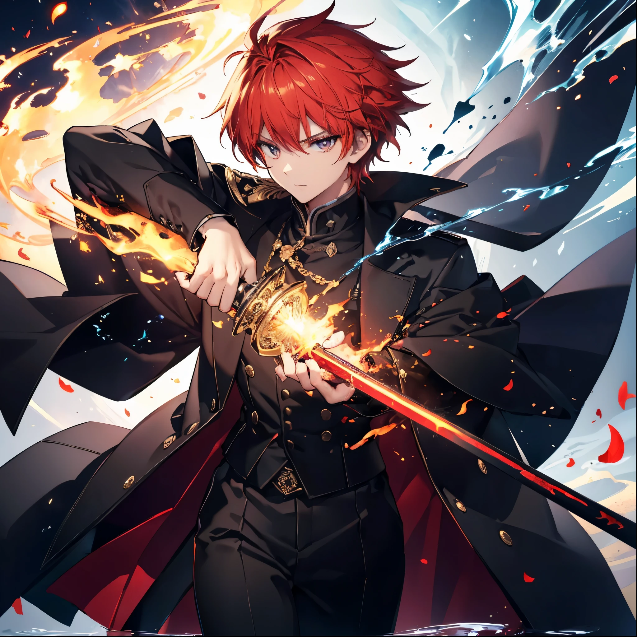 ((masterpiece, Highest quality)), handsome male, 180cm tall, androgynous beauty, sharp gold eyes, short messy flame-red hair, medium build, ethereal appearance, wearing a disheveled black dress shirt with rolled-up sleeves, black skinny pants, holding a katana, sword master, twilight sky background, reflective water surface, detailed anime style illustration, intense expression with slight smile, hidden power aura, fire and sparks swirling around the character