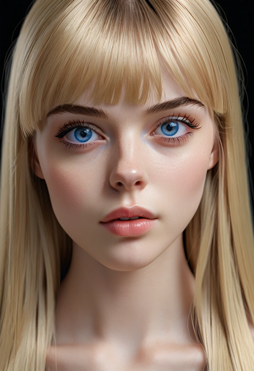 Realism, UHD, masterpiece, accurate, anatomically correct, 16k, best quality, (college age), a girl, (blonde) long straight hair, (inspired) bangs, pale skin, (clear skin), upturned big eyes, (sparkling blue eyes), ultra detailed face, (straight) thin eyebrows, upturned nose, healthy cheeks, closed mouth, calm