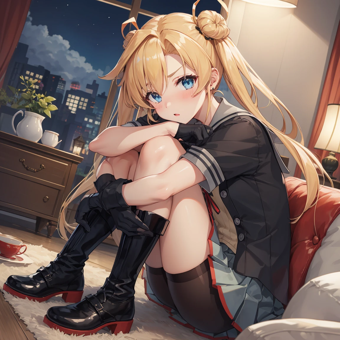 Portrait, official art, best masterpiece, best quality, best resolution, 8K, best detailed, highly detailed hands, highly detailed fingers, very detailed mouth, perfect anatomy, very wide shot, looking at viewer, (dutch angle)
BREAK
Low table, tea set, sofa, (sitting, hugging own legs:1.2), (tilted head)
BREAK
abukuma \(kancolle\), blonde hair, long hair, hair bun, hair rings, twintails, blue eyes, school uniform, serafuku, grey sailor collar, red ribbon, neck ribbon, black jacket, short sleeves, black gloves, partially fingerless gloves, pleated skirt, grey skirt, black shorts, bike shorts, shorts under skirt, knee boots, black footwear, 1girl, solo, (small breasts)
BREAK
(blush:1.2), (troubled eyebrows), shy, Sulk, >:(
BREAK
luxurious room, living room, (night, midnight, darkness:1.3), very fine and detailed 16KCG wallpapers