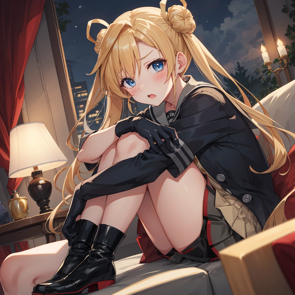 Portrait, official art, best masterpiece, best quality, best resolution, 8K, best detailed, highly detailed hands, highly detailed fingers, very detailed mouth, perfect anatomy, very wide shot, looking at viewer, (dutch angle)
BREAK
Low table, tea set, sofa, (sitting, hugging own legs:1.2), (tilted head)
BREAK
abukuma \(kancolle\), blonde hair, long hair, hair bun, hair rings, twintails, blue eyes, school uniform, serafuku, grey sailor collar, red ribbon, neck ribbon, black jacket, short sleeves, black gloves, partially fingerless gloves, pleated skirt, grey skirt, black shorts, bike shorts, shorts under skirt, knee boots, black footwear, 1girl, solo, (small breasts)
BREAK
(blush:1.2), (troubled eyebrows), shy, Sulk, >:(
BREAK
luxurious room, living room, (night, midnight, darkness:1.3), very fine and detailed 16KCG wallpapers