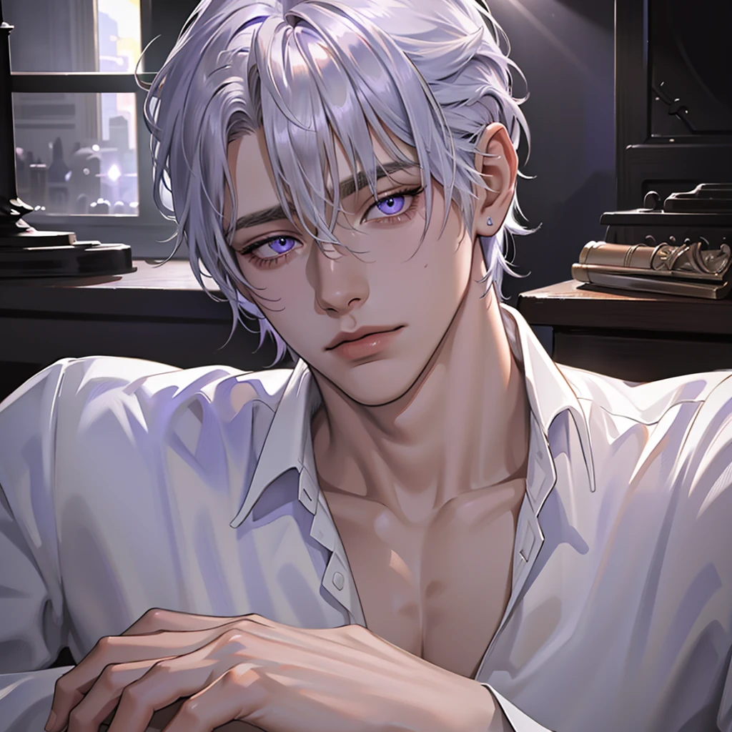 1boy, solo, detailed silver hair, cinematic lighting, high-resolution, lean build, detailed violet beautiful eyes, silver hair, sexy open shirt, melancholic expression, high resolution