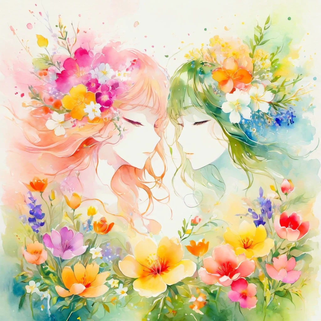 tons pastel，elegant style，Comfortable and quiet，naturey，Warm and comfortable，vegetable garden，This watercolor flower painting shows an elegant and fresh visual effect。Wildflowers and peach blossoms intertwined in the fields，Formando a combinação perfeita de naturey e romance。The screen is dominated by a white background，Isolated watercolor flower highlight。Splash technology recreates wet conditions，The atmosphere feels vague and dreamy。Unique compositions and abstract representations contribute to the artistic touch of the image.，Contains elements of surrealism。The overall color tone is mostly light tones.，Pale pink and green complement each other，Reveal details in high resolution。The paint splatter effect adds a touch of flair to the image，The pale color gives the flowers a deep and restrained beauty..。