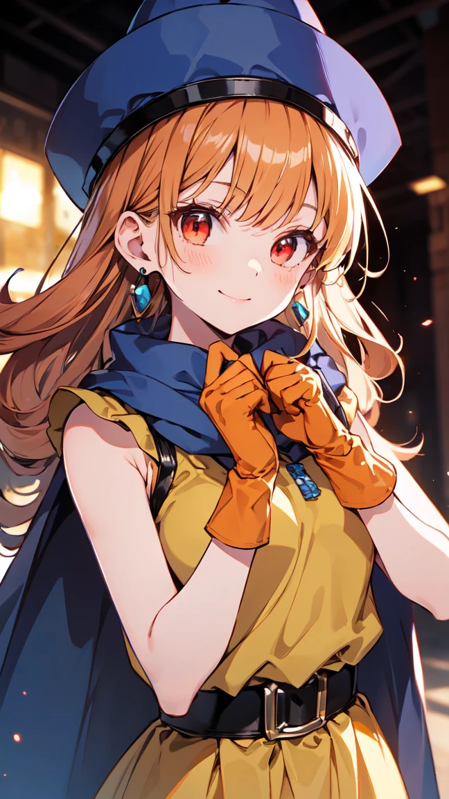 Arena-dq4, DQ4 Arena,Black Pantyhose,Blue Cape,Blue hat,boots,Curly Hair,Earrings,Long Hair,Orange gloves,Orange Hair,Red eyes,Sleeveless,Yellow Dress,Yellow Skirt, 1 girl, alone, Face-to-face audience, ["Gazing at the viewer, smile