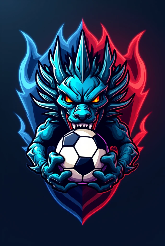 Futsal logo with the team name PEWARIS FUTSAL with blue and red logo colors, dragon logo and futsal ball in the dragon&#39;s mouth