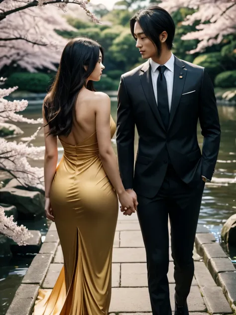 a captivating scene unfolds in a serene japanese garden under a clear, moonlit sky. a japanese woman stands gracefully, her back...