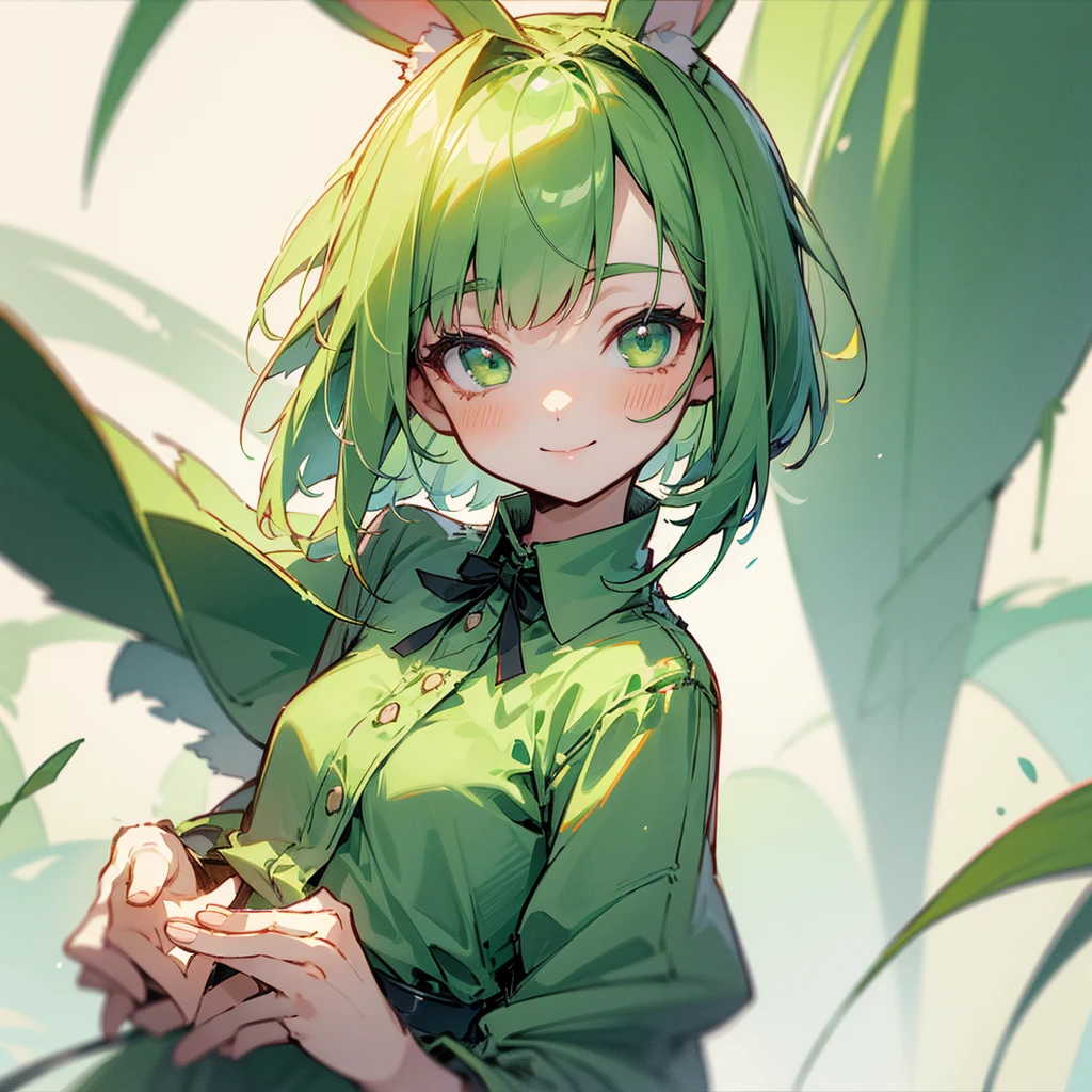 (long Green rabbit ears), green animal ears, (1 girl), green hair, green eyes, bob cut, thin eyebrows, smiling, young, alone, Lolita, childhood, child, short, orange prisoner uniform, dilapidated prison, tiny, baby face, pastel academia, cel anime, upper body, half body photo足をフレーム外へ, 足をフレーム外へ, 