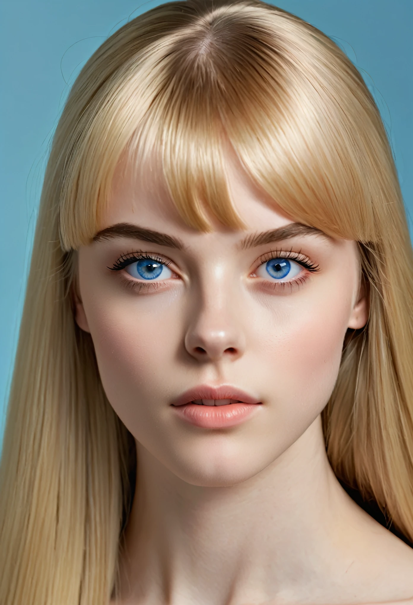 Realism, UHD, masterpiece, accurate, anatomically correct, 16k, best quality, (teenage), a girl, (blonde) long straight hair, (inspired) bangs, pale skin, (clear skin), upturned big eyes, (sparkling blue eyes), ultra detailed face, (straight) thin eyebrows, upturned nose, healthy cheeks, closed mouth, calm