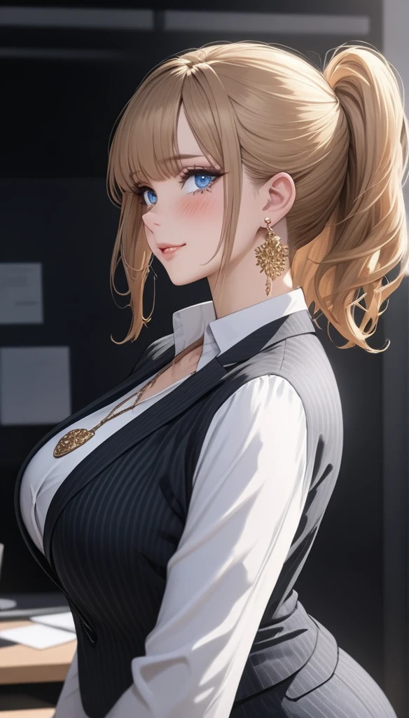 ((masterpiece)), ((high quality)),((ultra-detailed)), ((extremely detailed)), 4K,8K, manga style, wearing pants suit, office lady, in Office Suit, white pinstripe collared shirt, brown belt, necklace, black slim fit pants, middle big breast, middle big ass, a beautiful woman, 1girl, solo, long gold hair, ponytail, hime cut, perfect hands, perfect face, (perfect eyes:1.2), perfect legs, eyeshadow, cartilage piercing, black and blue eyes, hand on ass, beauty eyes, back view, white background, serious, 1 girl, office lady, earrings, necklace, cute face, full body, smile, blushing, best quality, depth of field, white plain background, cinematic lighting, aesthetic, detailed face ((realistic)), detailed clothes,streaming tears, crying, tears,perfect body, nice body, curvy,Bangs over the eyes, ,AddXL