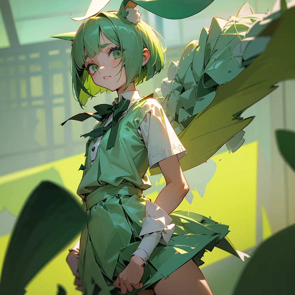 (long Green rabbit ears), green animal ears, (1 girl), green hair, green eyes, bob cut, thin eyebrows, young, alone, Lolita, childhood, child, short, orange prisoner uniform, dilapidated prison, tiny, baby face, cel anime, 