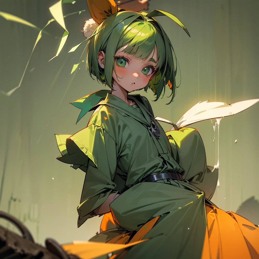 (long Green rabbit ears), green animal ears, (1 girl), green hair, green eyes, bob cut, thin eyebrows, young, alone, Lolita, childhood, child, short, orange prisoner uniform, dilapidated prison, tiny, baby face, cel anime, 