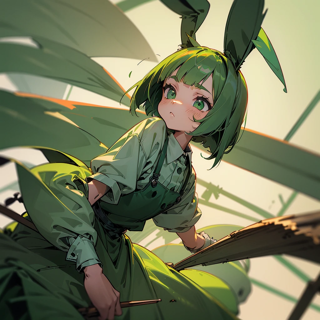 (long Green rabbit ears), green animal ears, (1 girl), green hair, green eyes, bob cut, thin eyebrows, young, alone, Lolita, childhood, child, short, orange prisoner uniform, dilapidated prison, tiny, baby face, cel anime, 