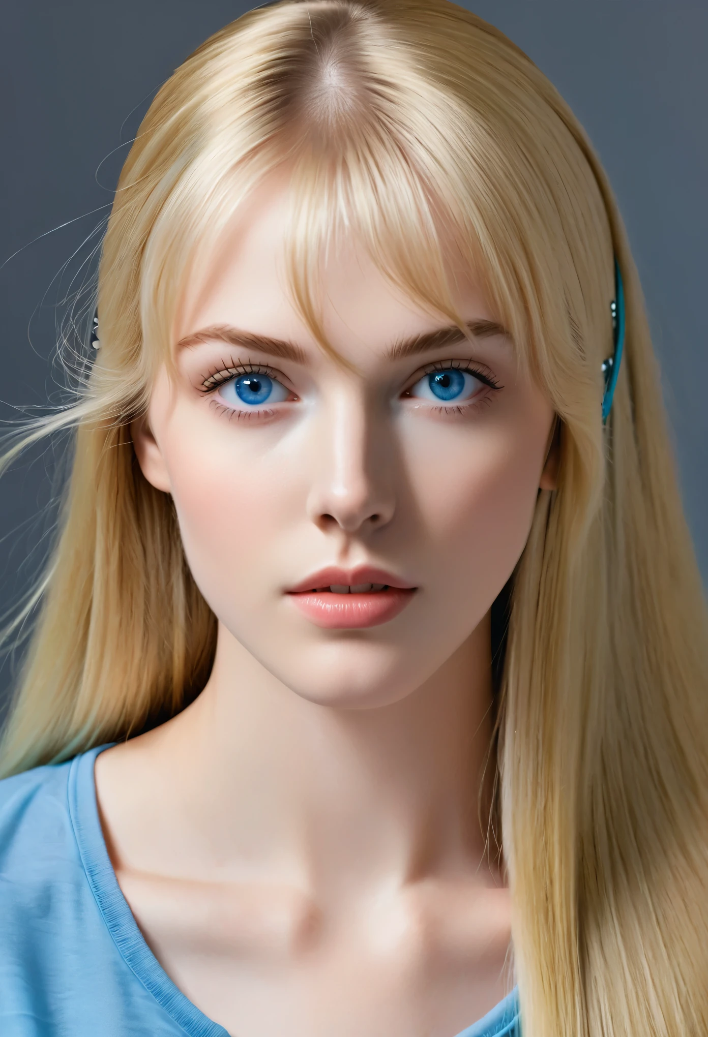 Realism, UHD, masterpiece, accurate, anatomically correct, 16k, best quality, (teenage), a girl, (blonde) long straight hair, (inspired) bangs, pale skin, (clear skin), upturned big eyes, (sparkling blue eyes), ultra detailed face, (straight) thin eyebrows, upturned nose, healthy cheeks, closed mouth, calm