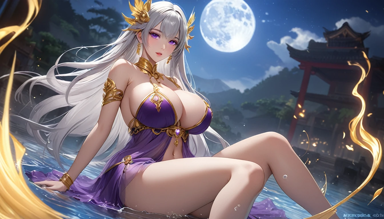 high quality,HD,16K,Sharp Line,1 Girl,fantasy, （Ice and Fire Goddess）,Pretty Face, Large Breasts, Beautiful legs,In the water,Focus Girl,detailed Pretty Face,Detailed clothes,beautiful eyes,Cool,Sexy,Dynamic Angle,穿着华服的神明Strike a pose拍照, Ancient mysterious sexy goddess, Traditional beauty woman, Beautiful female warrior god of war , Beautiful sexy goddess, Gorgeous role-playing, high, Beautiful young girl, Beautiful woman, 华丽Beautiful woman, Complex clothing,Chinese Mystical Aesthetics, Beautiful goddess ancient mysterious girl, Extremely detailed shot of the goddess, Jaw-dropping sexy beauty, Big breasts deep neckline sexy belly button（butt), (bedroom), (Sexy Girls), masterpiece, best quality, Bangs, blush, Chest, clavicle, Eyebrows visible through hair, (Ombre gold hair), Jewelry, Long hair,Bright Eyes, ring, (solitary), illustration, fashionable, miss, Strike a pose, background, element, confident, Express, Accessories, majestic, striking, key point, Dynamic poses, ((plump)), (purple))Woman in transparent dress,Viewer,(((Full breasts, Keeley University))),Slim waist,(Navel exposed,Bare waist), Long hair, extreme detailed details, 详细的fantasy艺术, Stunning character art, Beautiful and exquisite character art, Beautiful transparent dress, Very detailed, Large Breasts，Chest，Golden ratio figure，Beautiful figure，Ultra wide-angle shooting，Full body shot拍摄，Body close-up，Full body shot，Wearing a pleated tulle skirt，柔和动漫illustration, 柔和的深色background，Fujifilm XT3 Clear focus, f 5.6, High Detail, Clear focus,(Wearing openwork clothing),, (Natural light), (Tempting)translucent, Good velvet quality, Compared, Divine Light,, Silver hair, 夜空background, Absolute Strength,Female Shinmei，穿着性感丝绸的Female Shinmei,，Large Breasts，Chest，Golden ratio figure，Beautiful figure，Ultra wide-angle shooting，Full body shot，Body close-up，Full body shot， Wearing a tulle dress, Model shooting style, Large Breasts，饱满Chest，Golden ratio figure，Beautiful figure，(Extremely detailed CG 8k wallpaper unit), The most beautiful artistic photos in the world, , 8K 超HD, ) ，Sexy姿态，Sexy表情，best quality,masterpiece,Ultra high resolution,(Practical:1.4),original photo,Ultra high resolution