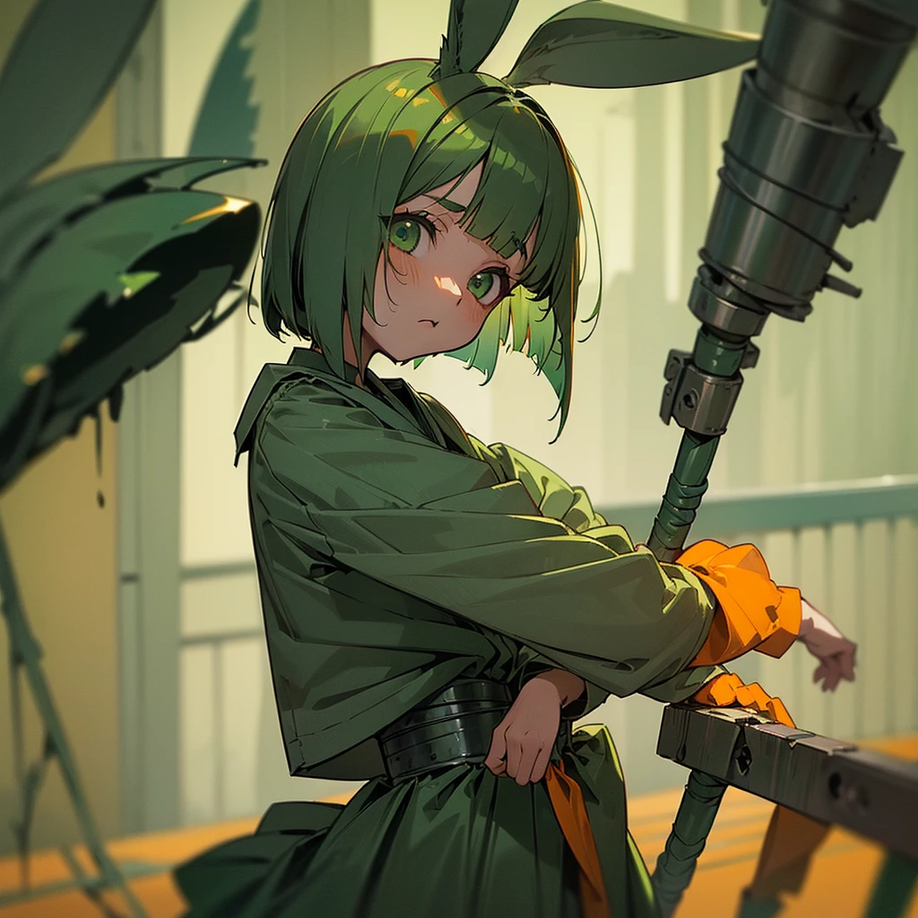 (long Green rabbit ears), green animal ears, (1 girl), green hair, green eyes, bob cut, thin eyebrows, young, alone, Lolita, childhood, child, short, (orange prisoner uniform), dilapidated prison, tiny, baby face, cel anime, 