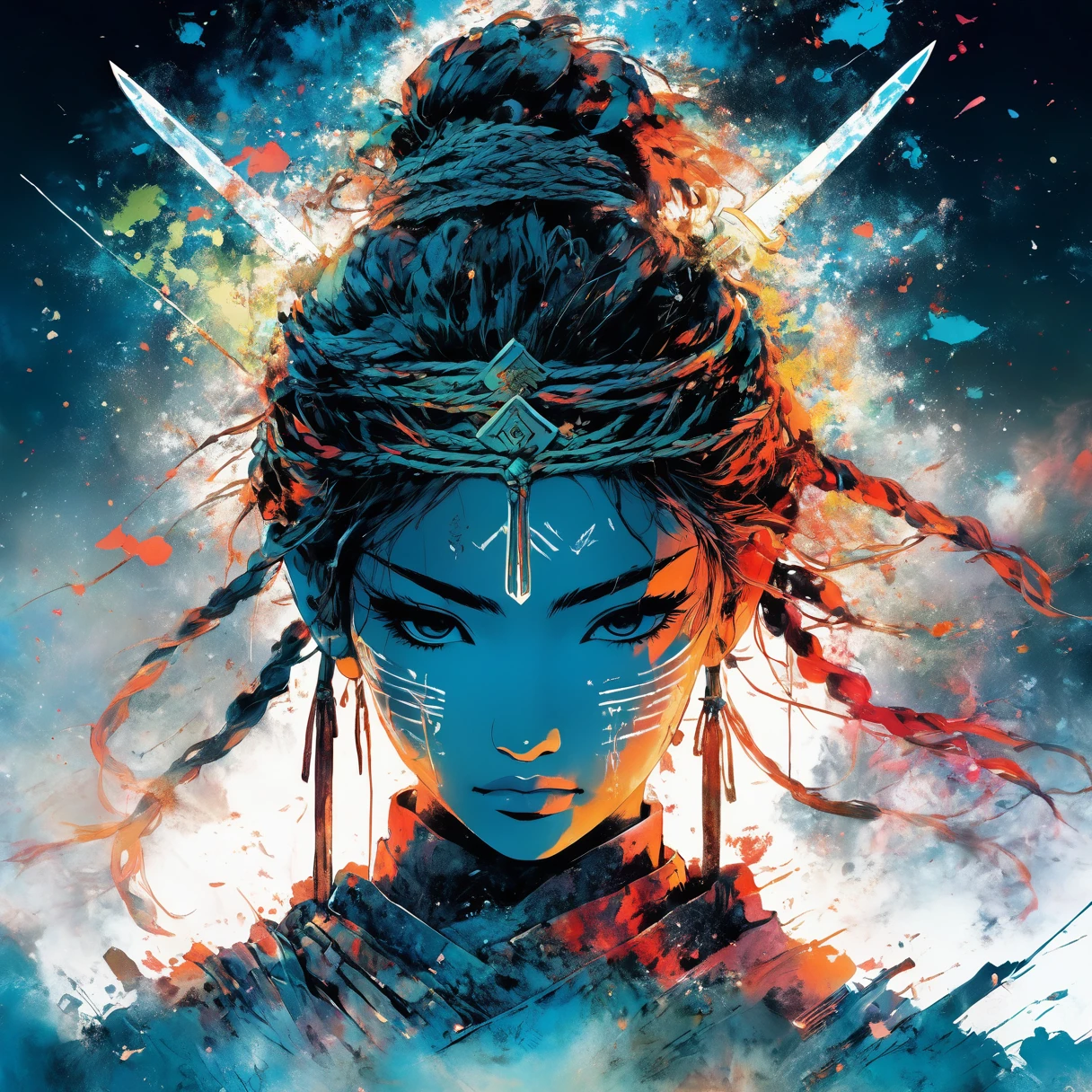 Warrior Goddess Poster, alone on the hill, centred, beautifully detailed face, anime styling, chave visual, intricate details, highy detailed, breath-taking, Vibrant, widescreen, cinematic, Carne Griffiths, Conrado Roset, Makoto Shinkai