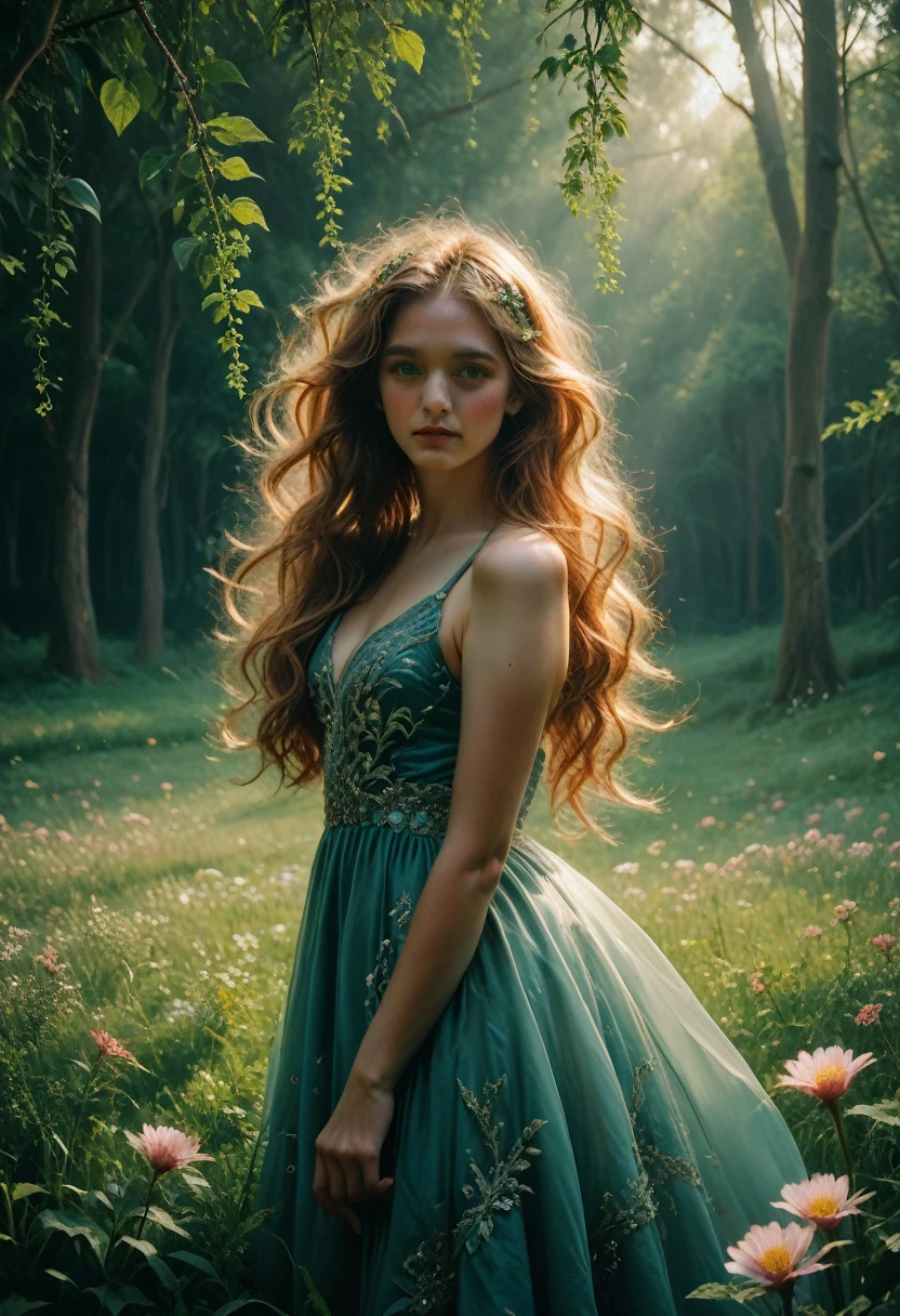 a beautiful girl in a field of flowers, detailed portrait, delicate facial features, long flowing hair, elegant dress, gentle expression, sunlight filtering through the trees, lush green foliage, serene atmosphere, cinematic lighting, dreamlike quality, intricate details, vibrant colors, (best quality,4k,8k,highres,masterpiece:1.2),ultra-detailed,(realistic,photorealistic,photo-realistic:1.37),fantasy,digital painting