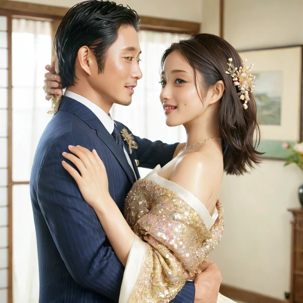 ((Highest quality)), ((masterpiece)), (detailed), （Perfect Face）、The woman is Satomi Ishihara, a beautiful Japanese woman with black hair, large breasts, beautiful proportions, and an engagement ring.、The woman is smiling while wearing a gorgeous and glittering Korean national dress and adorned with luxurious accessories.、A woman is embracing a middle-aged Korean man with a beard in Korea, kissing him and making love.