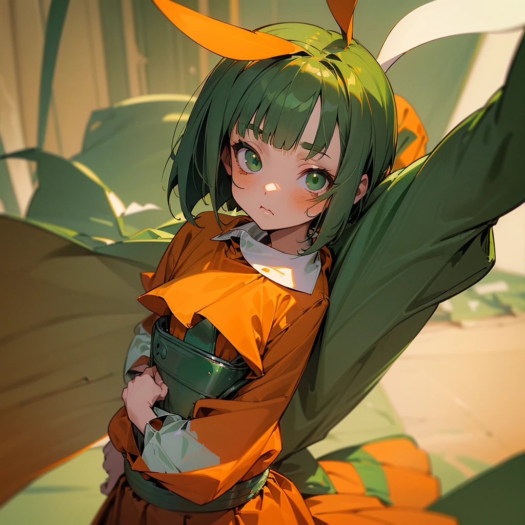 (long Green rabbit ears), green animal ears, (1 girl), green hair, green eyes, bob cut, thin eyebrows, young, alone, Lolita, childhood, child, short, (orange color prisoner uniform), (orange color uniform), dilapidated prison, tiny, baby face, cel anime, 