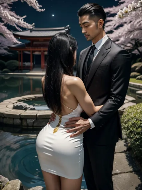 a captivating scene unfolds in a serene japanese garden under a clear, moonlit sky. a japanese woman stands gracefully, her back...