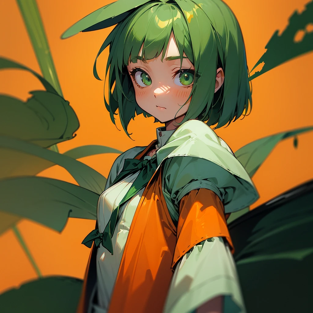 (long Green rabbit ears), green animal ears, (1 girl), green hair, green eyes, bob cut, thin eyebrows, young, alone, Lolita, childhood, child, short, (orange color prisoner uniform), (orange color uniform), dilapidated prison, tiny, baby face, cel anime, upper body, half body photo足をフレーム外へ, 足をフレーム外へ, 