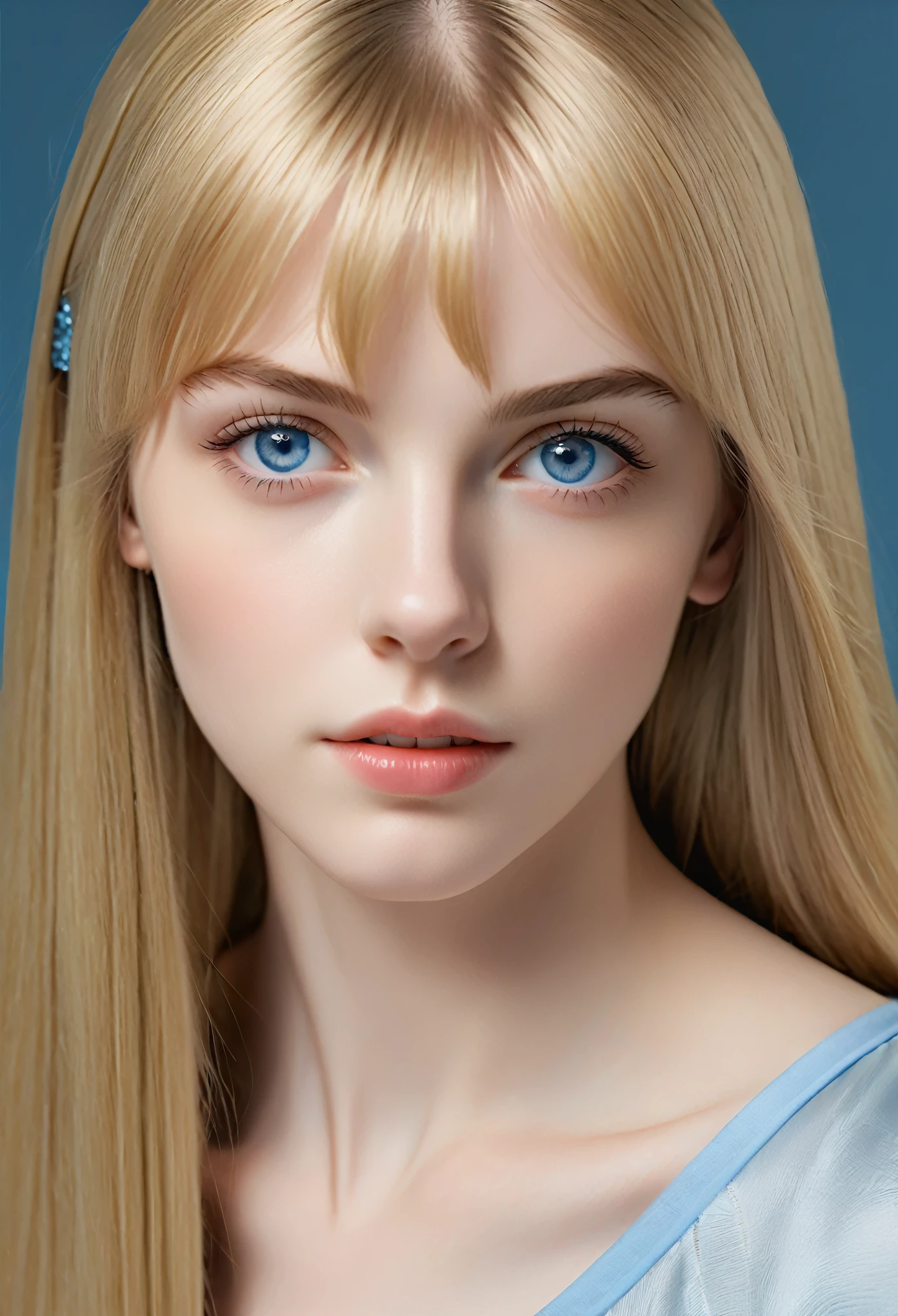 Realism, UHD, masterpiece, accurate, anatomically correct, 16k, best quality, (teenage), a girl, (blonde) long straight hair, (inspired) bangs, pale skin, (clear skin), upturned big eyes, (sparkling blue eyes), ultra detailed face, (straight) thin eyebrows, upturned nose, healthy cheeks, closed mouth, calm