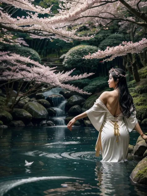 a captivating scene unfolds in a serene japanese garden under a clear, moonlit sky. a japanese woman stands gracefully, her back...