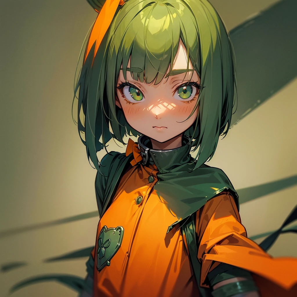 (long Green rabbit ears), green animal ears, (1 girl), (prisoner), green hair, green eyes, bob cut, thin eyebrows, young, alone, Lolita, childhood, child, short, (orange color prisoner uniform), (orange color uniform), dilapidated prison, tiny, baby face, cel anime, upper body, half body photo足をフレーム外へ, 足をフレーム外へ, 