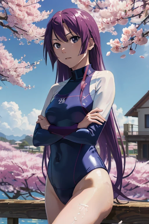 masterpiece, Best Quality, High resolution, S1, Senjougahara Hitagi, Long Hair, Long sleeve,((( High neck swimsuit Rosa Claro))),Thighs , Cowboys firing, Crossed arms,cherry blossoms,shiny swimsuit,Shiny