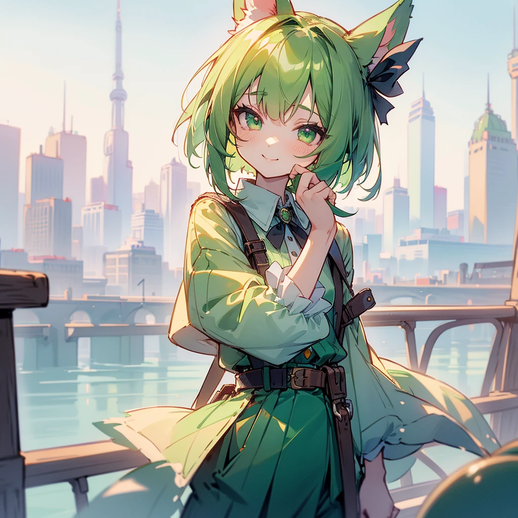 (long Green rabbit ears), green animal ears, (1 girl), green hair, green eyes, bob cut, thin eyebrows, smiling, young, alone, Lolita, childhood, child, short, overall, coat, red hood, wide pants, harness, fingerless globe, belt, waist pouch, in the city, tiny, baby face, pastel academia, cel anime, upper body, half body photo足をフレーム外へ, 足をフレーム外へ, 