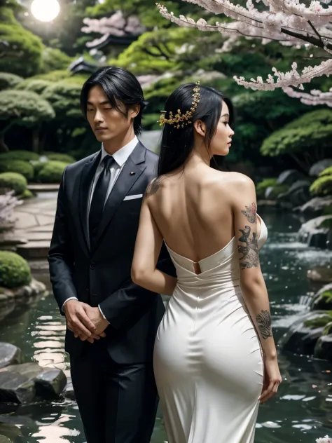 a captivating scene unfolds in a serene japanese garden under a clear, moonlit sky. a japanese woman stands gracefully, her back...