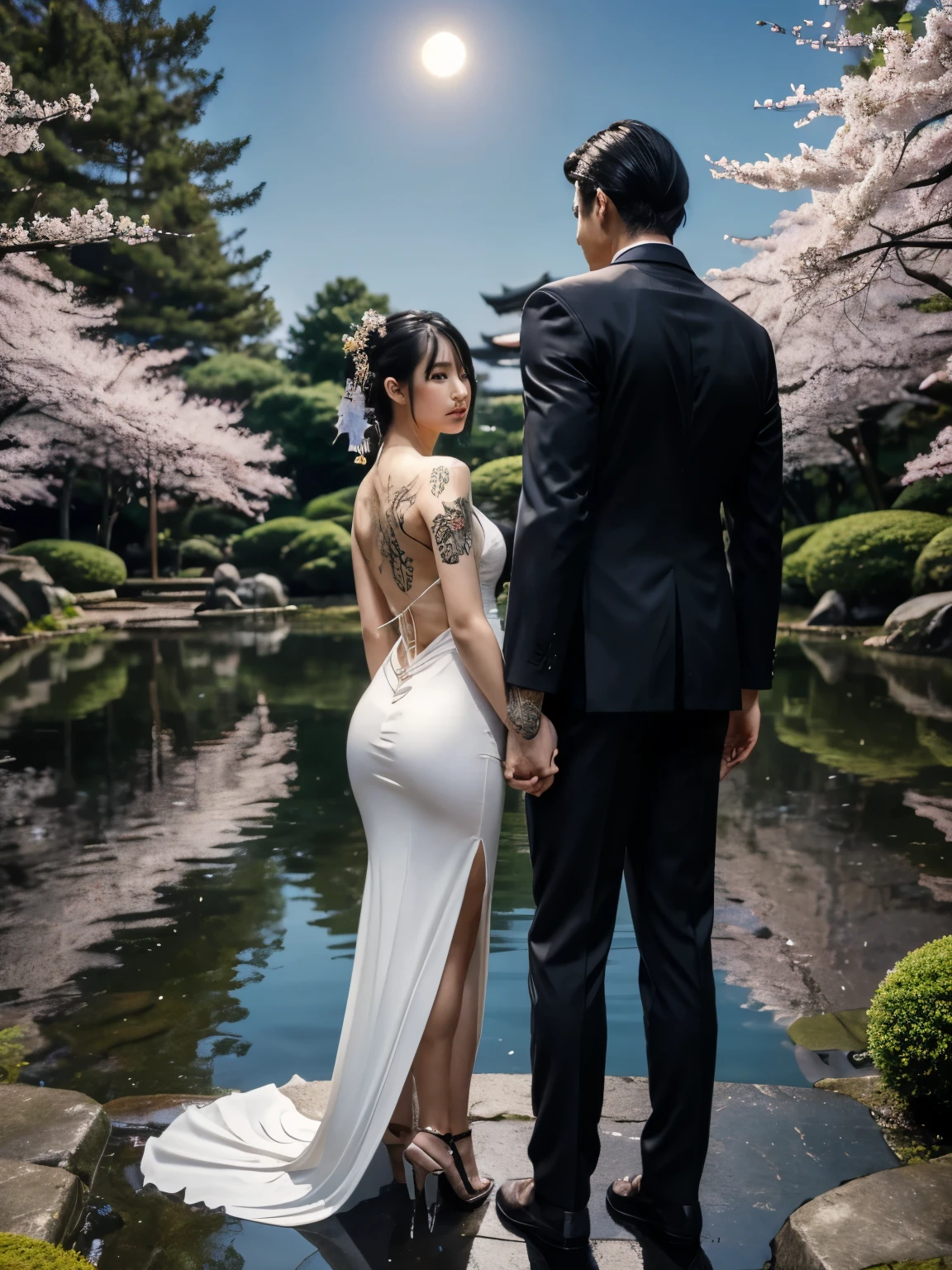 A captivating scene unfolds in a serene Japanese garden under a clear, moonlit sky. A Japanese woman stands gracefully, her back turned to the viewer. Her long, raven-black hair flows down her spine, framing intricate traditional Japanese tattoos that cover her shoulders and upper back. The tattoos depict a serene landscape of cherry blossoms, koi fish swimming upstream, and majestic cranes in flight—symbols of strength, beauty, and resilience. She wears a perfectly tailored red and golden dress that fits her tight like a second skin, accentuating every curve of her slender figure. The dress has a high neckline and elegant cap sleeves, with a subtle sheen that catches the moonlight as she moves. Her posture is confident as she stands on sleek black stiletto heels that elongate her legs. In front of her stands a tall Japanese man who appears to be her boyfriend. He has well-groomed hair with neatly trimmed edges that complement his sharp features. His hand gently rests on the woman's sexy big booty ass with his right arm. His attire consists of a crisp black suit tailored to perfection, highlighting his broad shoulders and athletic build. The suit jacket fits him impeccably, with trousers hugging his legs elegantly. A white dress shirt underneath adds contrast to his ensemble, while the absence of a tie gives him a modern yet sophisticated look. The couple shares an unspoken connection through their gaze and subtle gestures; their bond is palpable even from behind this tender moment captured in time amidst the tranquil beauty of the garden.An enchanting forest sanctuary under dappled sunlight filters through lush foliage creating magical patterns on ground below .A japanese goddess -like figure stands gracefully ,her back turned viewer ;long raven-black hair flowing spine intricately detailed traditional japanese tattoos shoulder upper back depicting serene landscapes cherry blossoms koi fish swimming upstream majestic cranes flight symbols strength beauty resilience