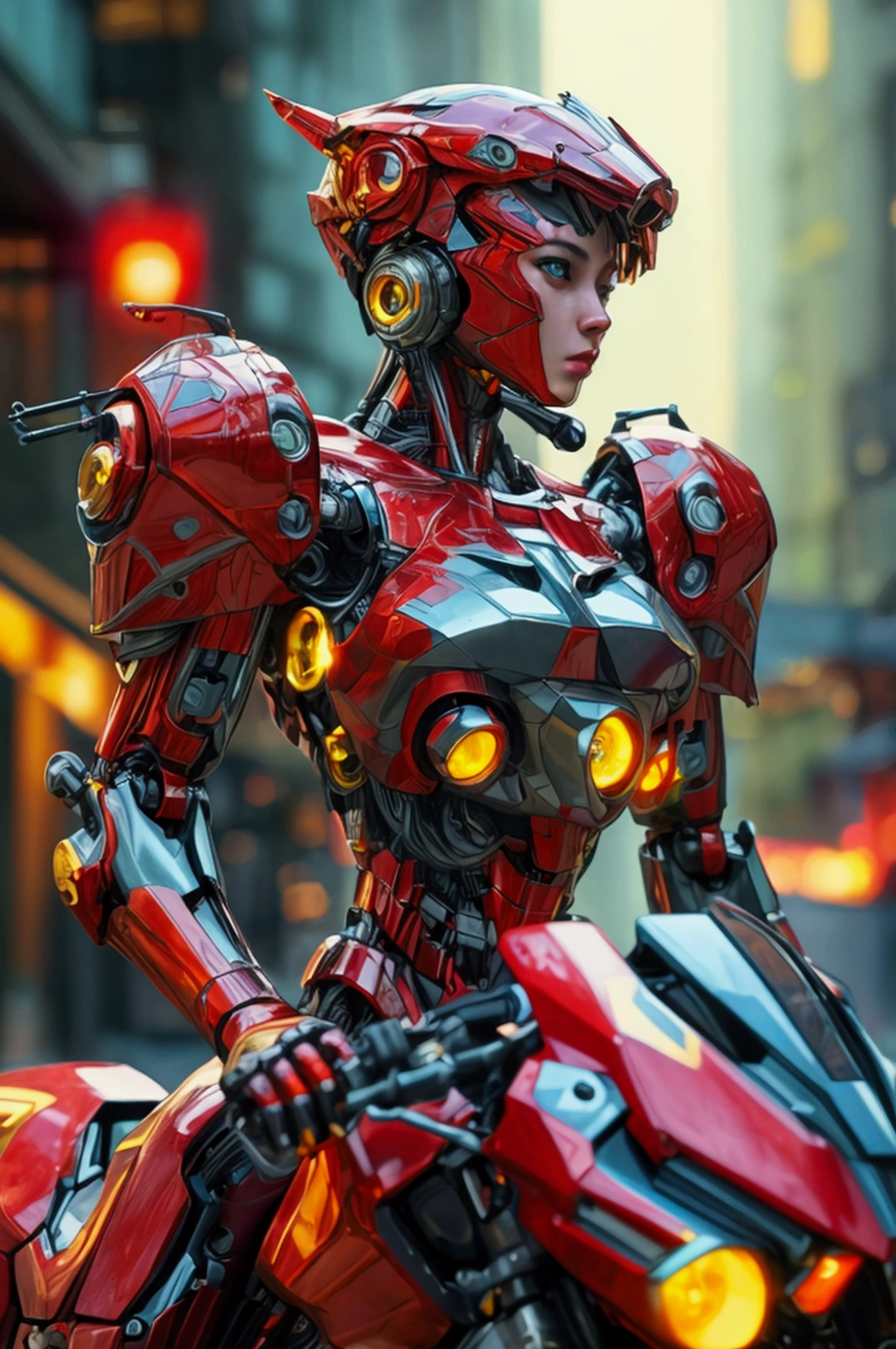 1girl with two mecha metal arms, rising head, muscular body, riding a big motorbike with high speed, superhero vibe, one metal robot red eye and one yellow eye, glowing eyes, industrial city background, blur Background, bokeh, dramatic lighting, high contrast, (best quality,4k,8k,highres,masterpiece:1.2),ultra-detailed,(realistic,photorealistic,photo-realistic:1.37),HDR,UHD,studio lighting,ultra-fine painting,sharp focus,physically-based rendering,extreme detail description,professional,vivid colors,concept art