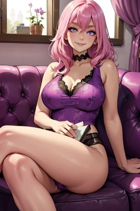 perfect face. perfect hands. a pink haired woman with violet eyes and an hourglass wearing a violet tank top and lacy underwear ...