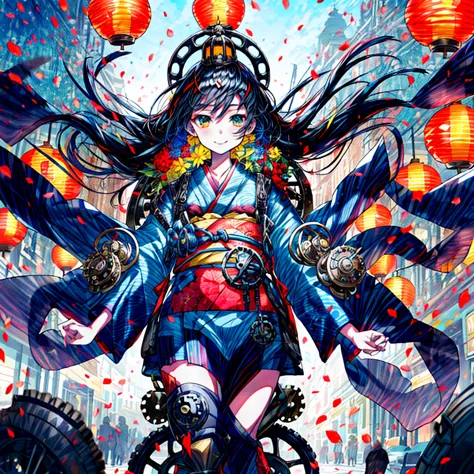 a highly detailed illustration of a beautiful anime girl with long flowing black hair wearing a traditional red kimono adorned w...