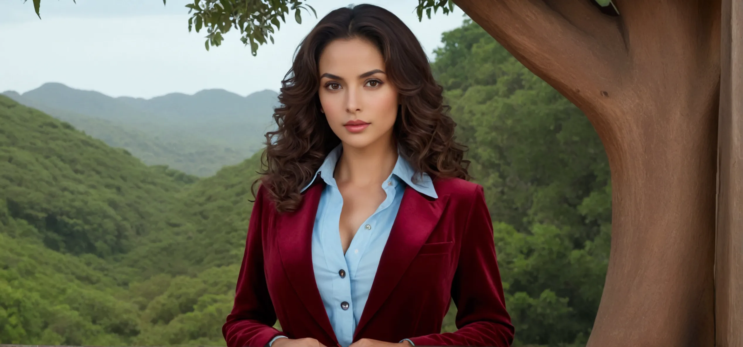 in this image, a woman is standing in a sexy pose, crossing her arms in front of her. she is wearing a red velvet blazer over a ...