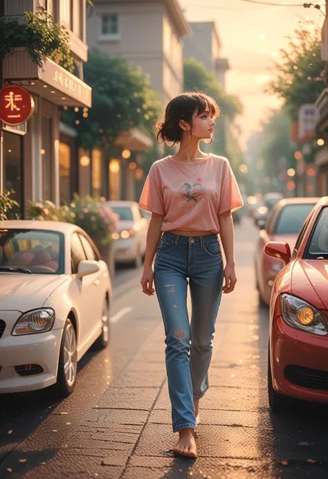 the flow of vision of a beautiful woman, walking down the street, her pink t-shirt and faded blue jeans, sunlit, a red car drive...