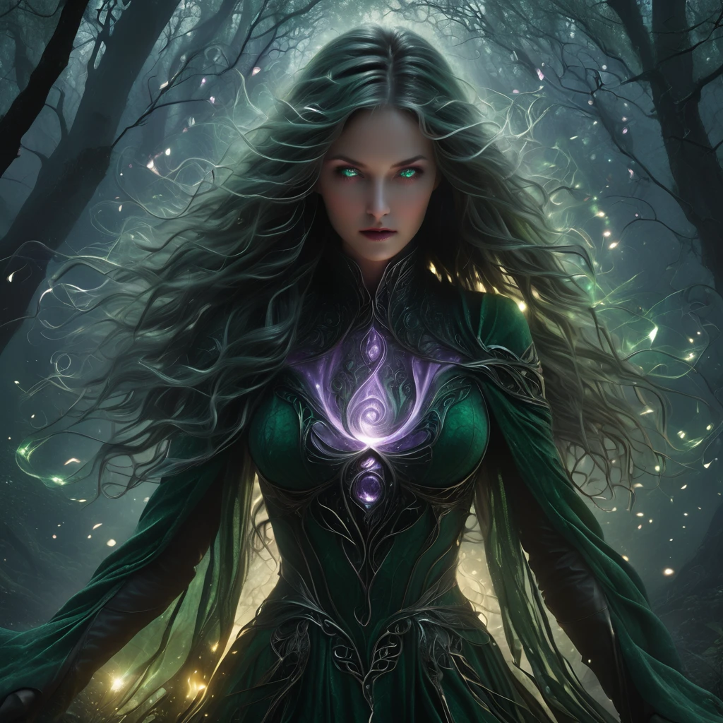 (best quality,4k,8k,highres,masterpiece:1.2), ultra-detailed, (realistic,photorealistic,photo-realistic:1.37), In the heart of an enchanted forest, bathed in the soft glow of moonlight filtering through the canopy above, stands a figure of ethereal beauty. She is an elven enchantress, her long silver hair cascading in shimmering waves around her slender form like strands of moonlight woven into silk. (Her eyes, a mesmerizing blend of iridescent hues, shimmer with an otherworldly light, reflecting the myriad colors of the forest around her:1.5). They are windows to a soul as ancient as the trees themselves, filled with wisdom and mystery far beyond her tender years. Clad in robes of flowing white adorned with intricate patterns of silver thread, she moves with a grace that is both elegant and effortless. Each movement is a dance, a fluid motion that seems to ripple through the air like water flowing over smooth stones. As she raises her delicate hands to the sky, the air around her crackles with magical energy, the very essence of the forest responding to her call. Words of power spill from her lips like liquid silver, ancient incantations that echo through the stillness of the night with a haunting melody. With each word, tendrils of magical energy begin to swirl around her, weaving together in a shimmering vortex of light and shadow. Shapes begin to form within the swirling maelstrom, phantom creatures born of pure magic dancing to the rhythm of her voice. And as she reaches the climax of her incantation, her voice rises to a crescendo, filling the forest with a symphony of power and wonder. With a final flourish of her hands, she releases the spell, the magical energies coalescing into a radiant burst of light that illuminates the darkness like a thousand stars.(art by Amano Yoshitaka:1.3)